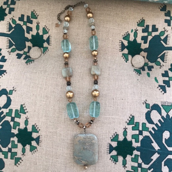 Beaded Station Pendant Necklace - Gold, Bronze, Aqua - Picture 1 of 4
